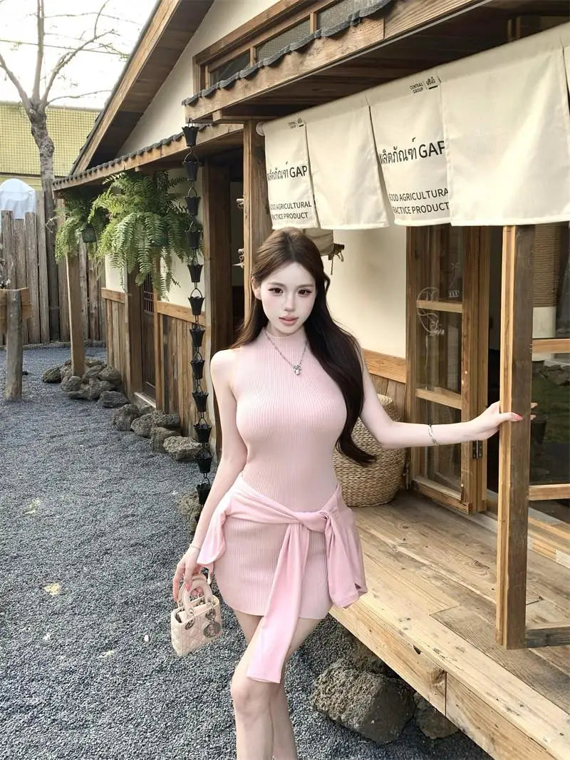 Mint Green Half High Collar Sleeveless Knitted Dress Women's Slim Fit Summer Waist Cinching Short Skirt Trendy Commute Style