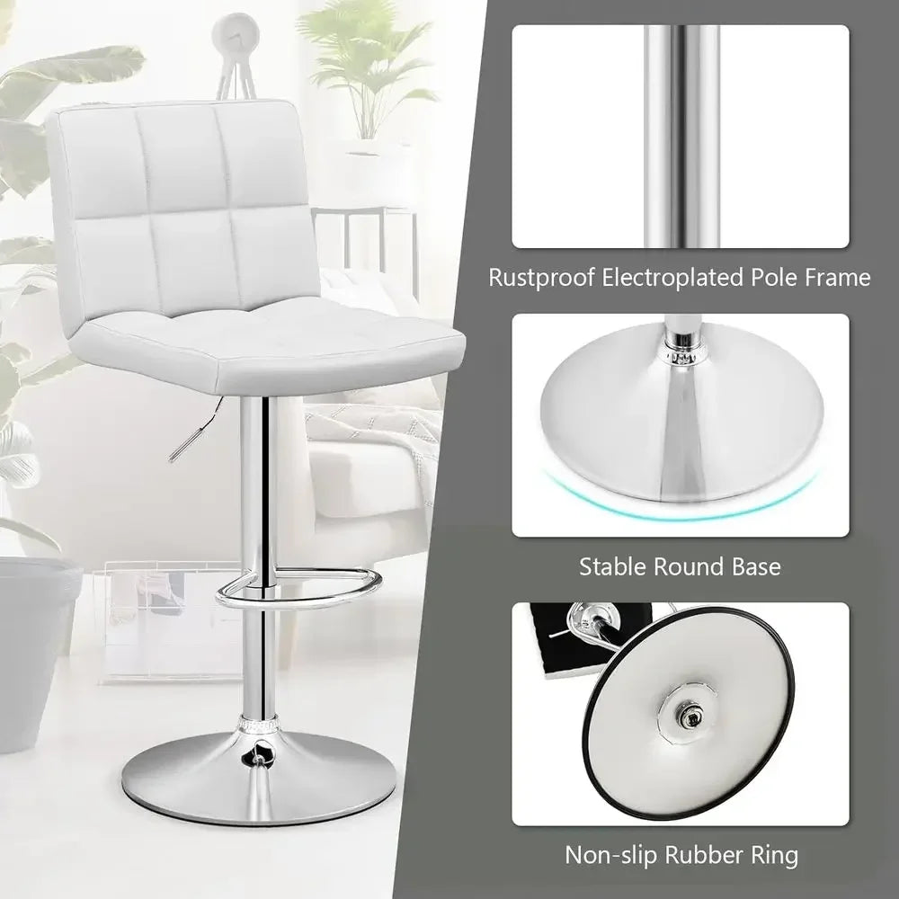 Set of 2 Adjustable Swivel Bar Stools with Backrest and Footrest, White Leatherette, Suitable for Kitchen Island or Home Bar