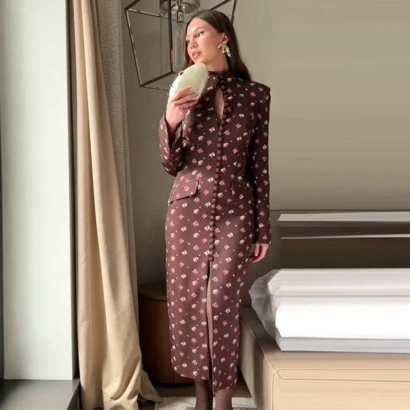 Trendy Floral Print High Neck Midi Dress For Women Chic Long Sleeve Button Front Sheath Dresses Office Party Commuting Clothes