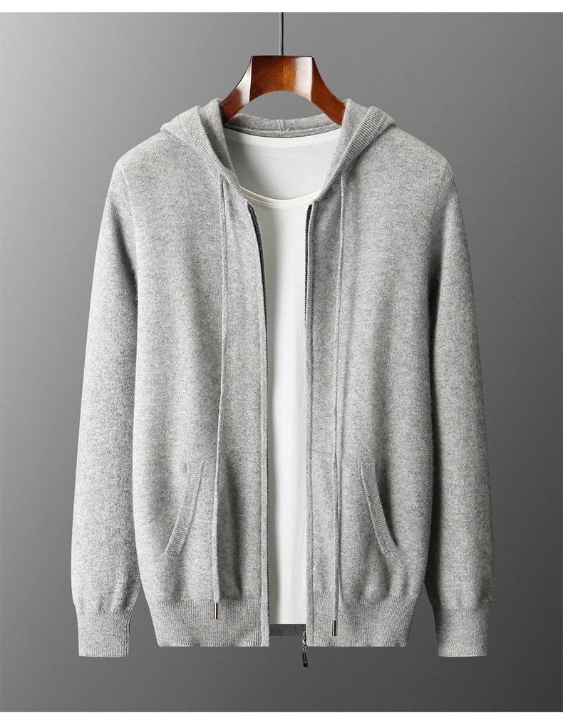 Hot Selling New Style Real Knitted Men's Cardigan Hooded Sweater Loose Full Sleeves Autumn and Winter Men's Pure Wool Sweater