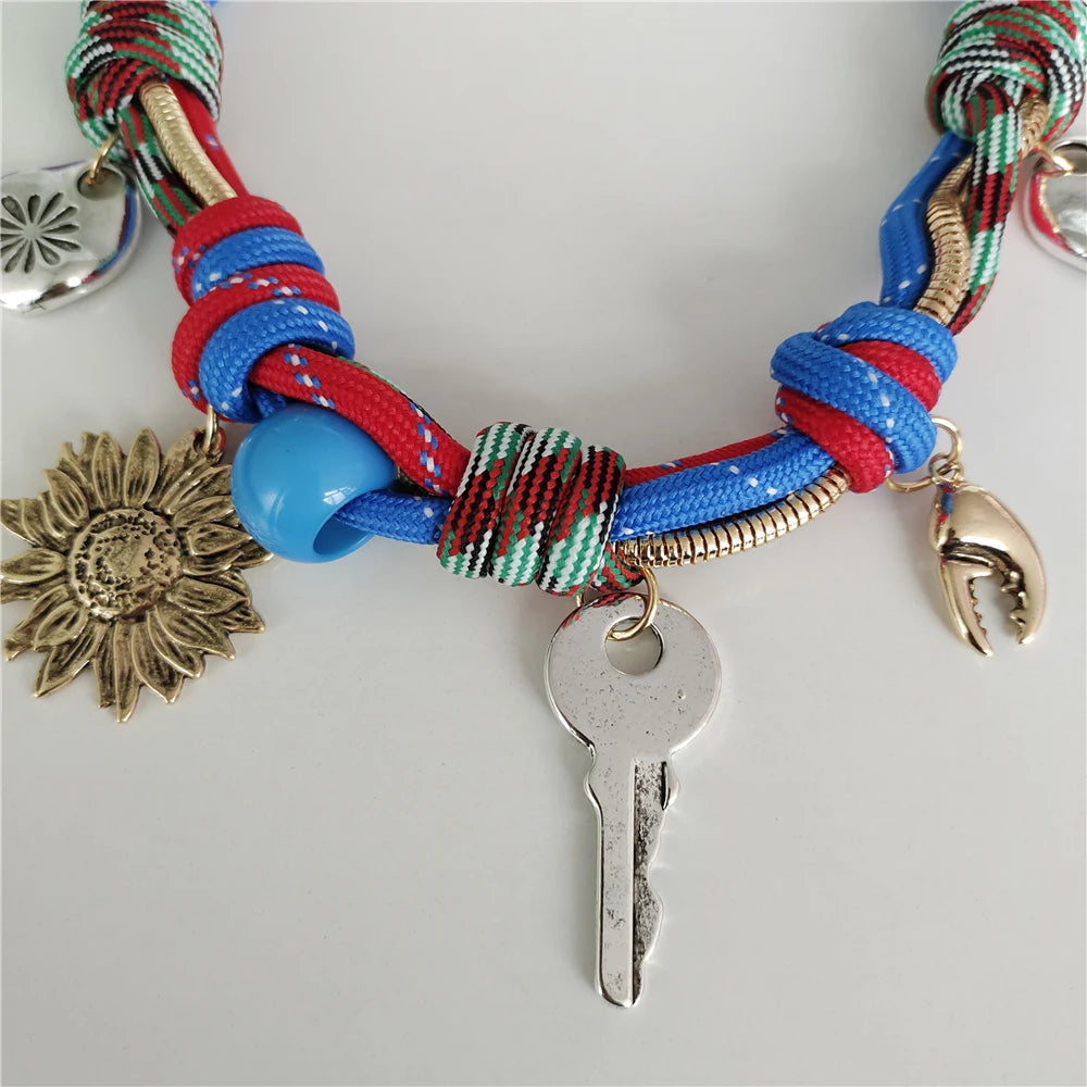 Fashion Trend Retro Sun Key Pendants Hand Woven Rope Choker Necklace Women Indian Ethnic Vintage Statement Necklace Lady Jewelry