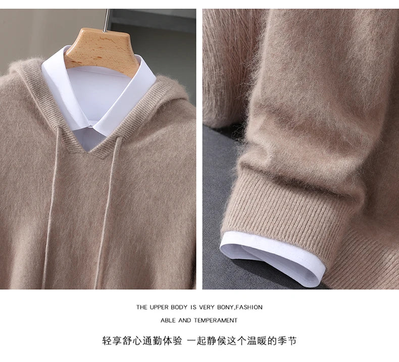 Autumn Winter New 100% Mink Cashmere Sweater Men's Solid Color Hooded Pullover Knitted Sweater Loose Casual Top For Outdoor Wear