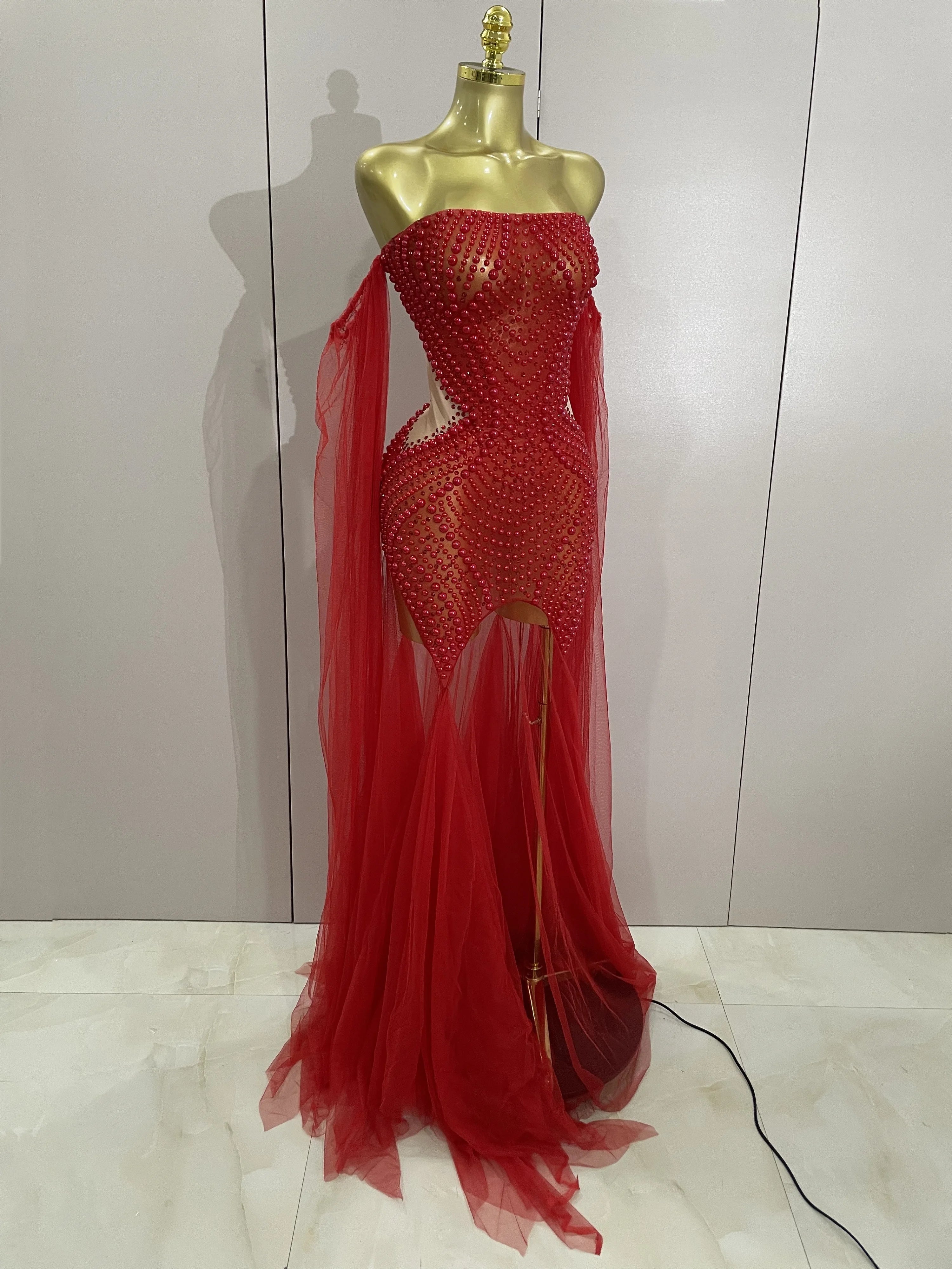 Elegant Sparkly Rhinestone White Pearl Sexy Strapless Mesh Long Dress Wedding Guest Gowns Luxury Birthday Evening Party Dress
