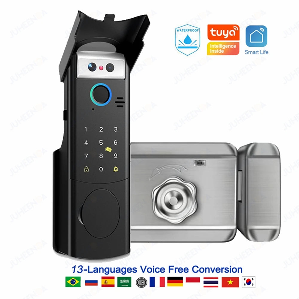 Tuya Smart Outdoor Waterproof Door Lock with Face Recognition Video Intercom RFID Card Password Electronic Lock for Iron Door