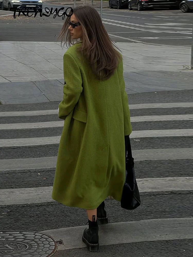 Women's Long Overcoats Lapel Full Sleeve Oversized Woolen Coats Autumn Female Double Breasted Solid Loose Jackets New Outerwears