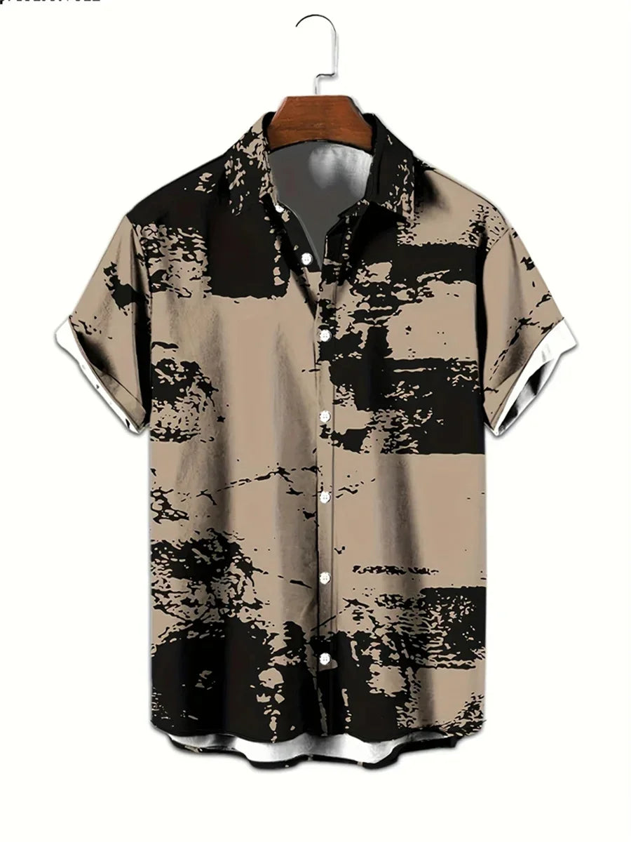 Men's Short-Sleeve Casual Loose-Fitting Lapel Hawaiian Shirt with Blue and White Porcelain Floral Print, New Summer Shirt