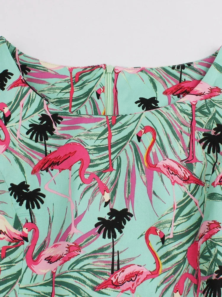 Flamingo Print High Waist Pinup Retro Dress S to 4XL 95% Cotton Women O-Neck Sleeveless Summer 50s Vintage Dresses women dress