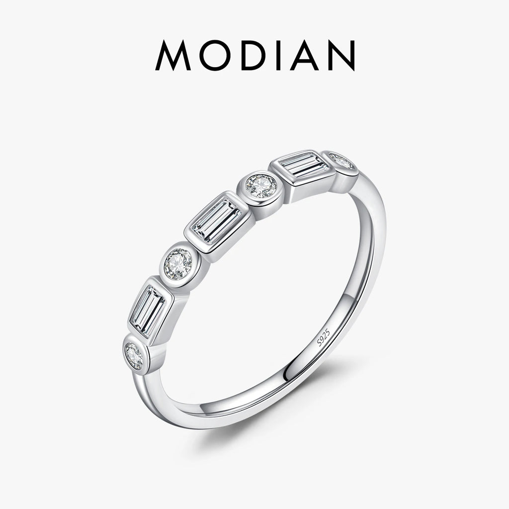 MODIAN 925 Sterling Silver Fashion Round Rectangle Dazzling Clear CZ Band Ring For Women Wedding Engagement Fine Jewelry