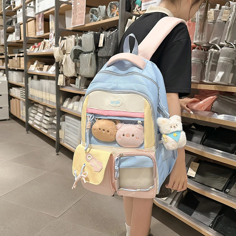 Women's Pastel Color Block Backpack Clear Display Pockets Plush Charm Bow Detail Adjustable Strap Casual Daily Itabag School Bag