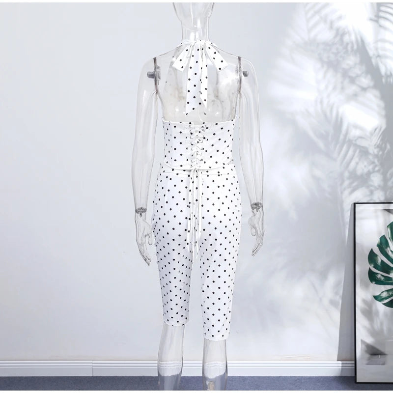 Sexy Polka Dot Two Pieces Pants Set Women Halter Sleeveless Lace Up Corset Top Cropped Pants 2026 Summer New Lady Y2K Outfit