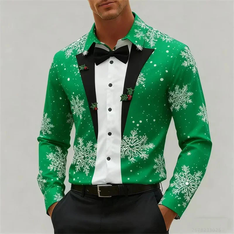 Men's Christmas long-sleeved shirt, 3D high-definition printed Christmas tree pattern, lapel button men's shirt, party wear