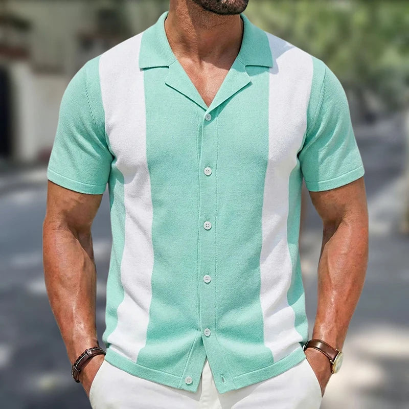 Summer Men Knitted Cardigan Polo Shirts Short Sleeve Striped Jacquarded Business Shirts American Retro Premium Quality Knitwear
