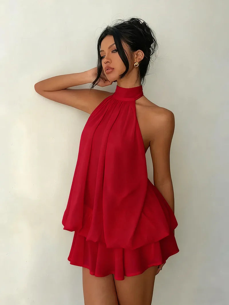Women Halter Neck Backless Tie Mini Dress Summer Sleeveless Chiffon Ruffle Short Dresses Sexy Club Party Beach Vacation Outfit