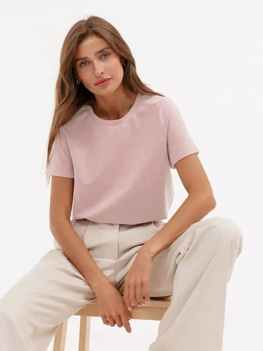 Summer 100% Cotton Women's T-shirt Bottoming Basic Fashionable Lady Short Sleeve Loose Tops Shirts Solid 200g/㎡ Tops