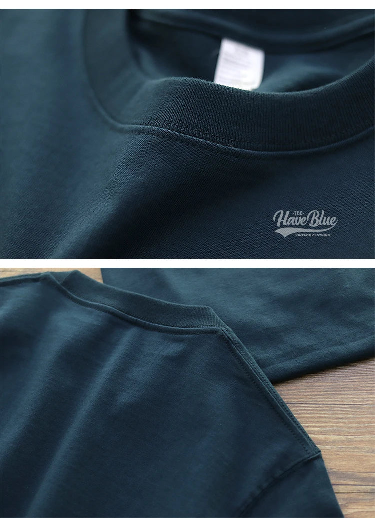 Have Blue Pure Cotton Base Shirt Solid Color T-Shirt American Retro Round Neck Short Sleeve Heavyweight T-Shirt for Men