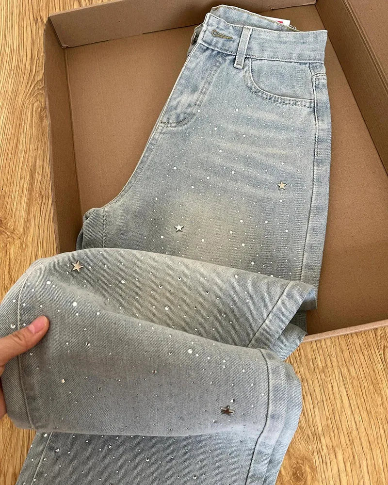 Elegant Light Blue Beaded Straight Denim Pants for Women High Waist Slim Fit Wide Leg Long Trousers