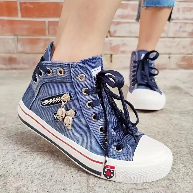 Denim Canvas Sneakers Women Slip On Light Blue Retro Skull Platform High Top Sneakers Ladies 2025 Spring Vulcanized Shoes Woman