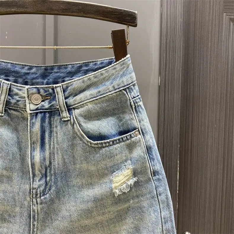Summer New Loose Straight Wide-leg Medium Pants Shorts Retro Blue Ripped Beggar Denim Five-point Pants Women's Jeans Shorts