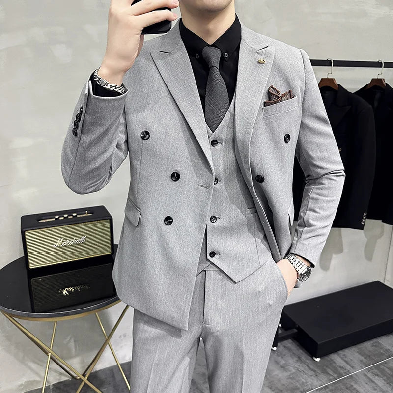 S-7XL ( Blazer + Vest + Pants ) Striped Plaid Solid Color Mens Formal Business Suit 3Pcs Set Groom Wedding Social Show Dress