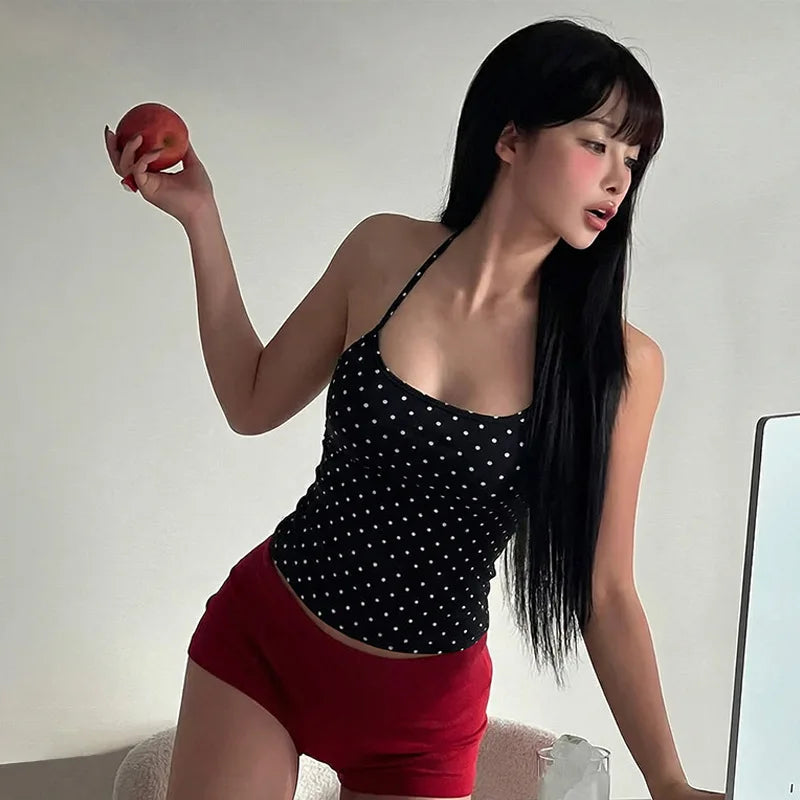 Fashion Polka Dot Halter Neck Tank Top Women Slim Fit Thin Strap Sleeveless Casual Summer Camisole