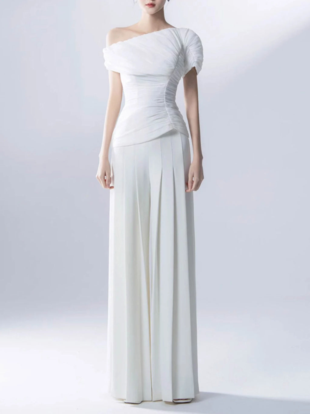 High Quality Summer New White Slim Set 2026 Sexy Short Sleeved Pleated Top+High Waisted Wide Leg Pants Party 2 Two-Piece Set