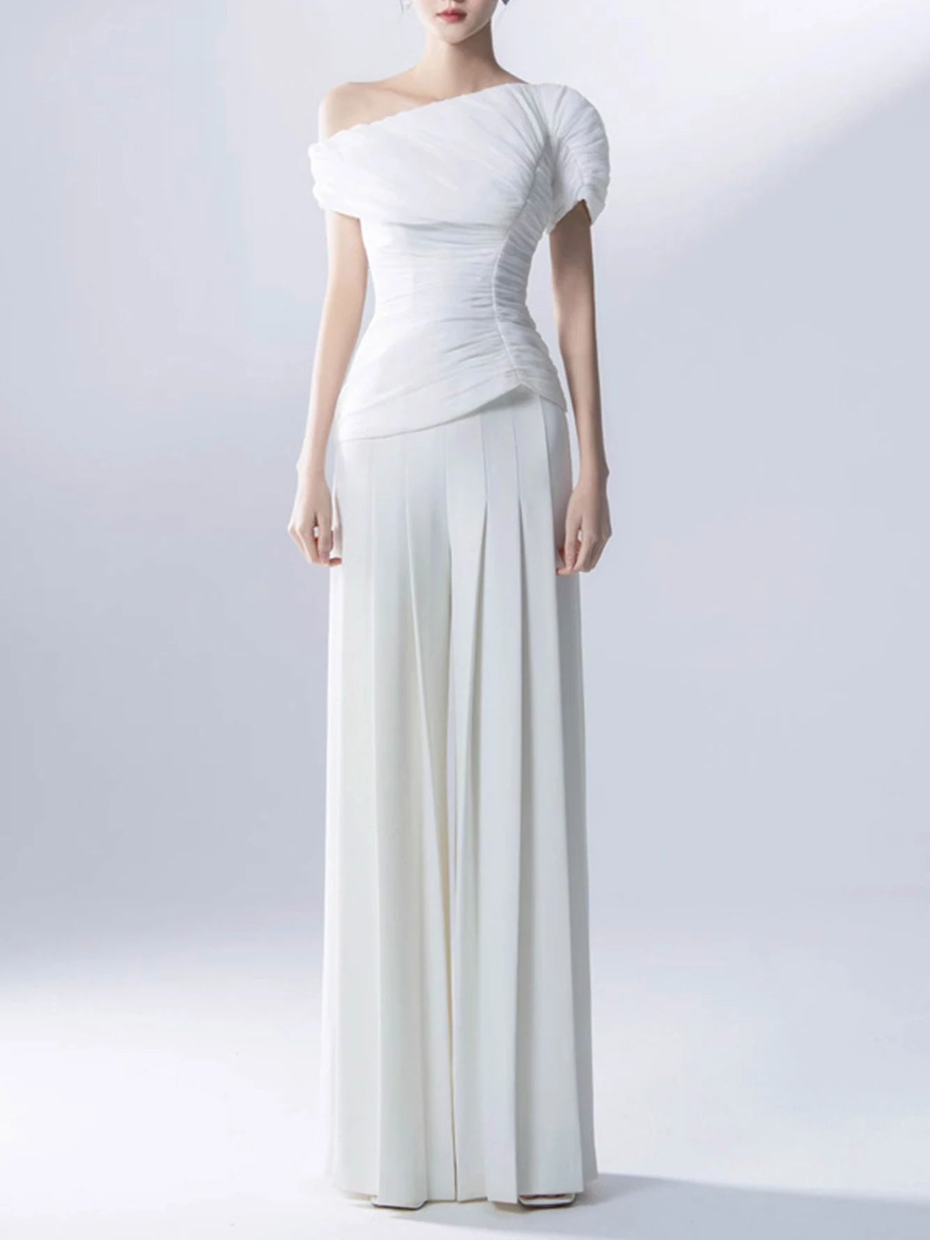 High Quality Summer New White Slim Set 2026 Sexy Short Sleeved Pleated Top+High Waisted Wide Leg Pants Party 2 Two-Piece Set