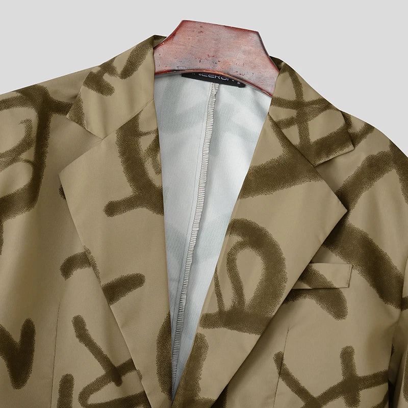INCERUN Men Sets Printing Lapel Long Sleeve Crop Blazer & Pants Two Pieces Sets Streetwear Personality Fashion Men Casual Suits