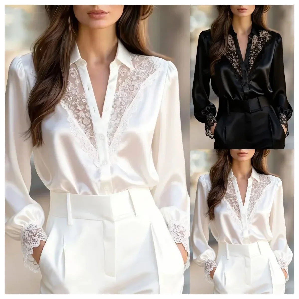 Women Lace Trim Puff Sleeve Shirt Turn Down Collar Single Breasted Office Elegant Ladies Blouse