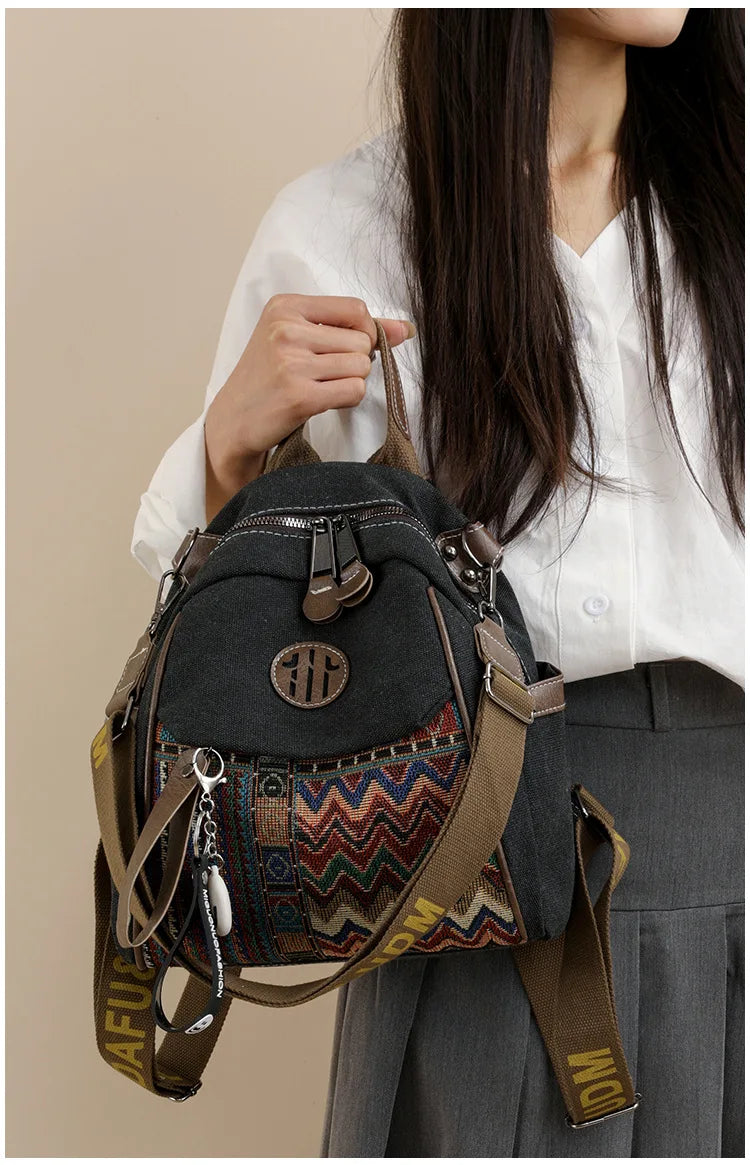 Denim ethnic style embroidered women's double shoulder bag, color-matched large capacity backpack, multi-purpose crossbody bag