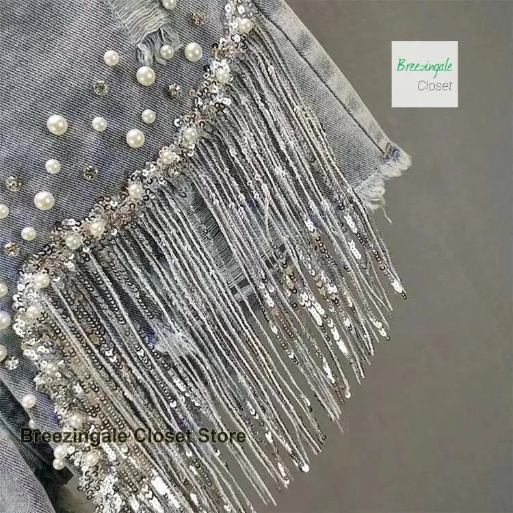American heavy industry full rhinestone denim shorts women's summer new high waist fashion slim beaded tassels ripped jeans.