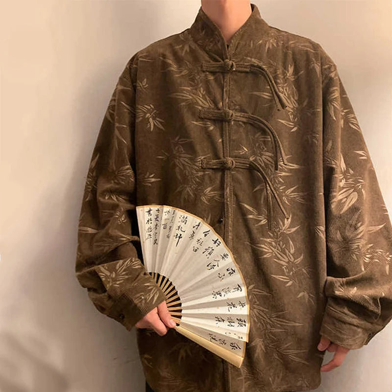 Autumn Retro Single-breast Button Long Sleeve Shirts For Men Graphic Printed Harajuku Corduroy Shirt Y2K Streetwear Tshirts