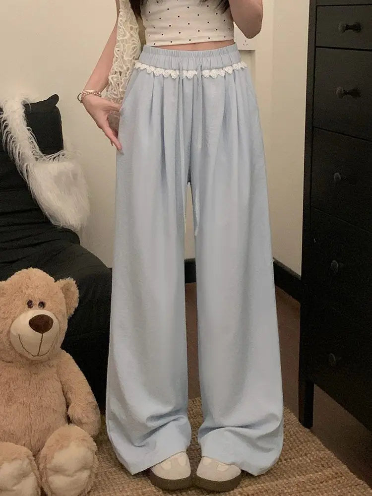 Women Lace Trim Wide Leg Pants Elastic Drawstring Waist Loose Casual Trousers Multiple Colors