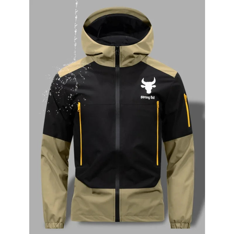 Men's Windproof Waterproof Hooded Jackets Big Pockets High Street Print Outdoor Windbreaker Coat for Hiking Trekking Streetwear