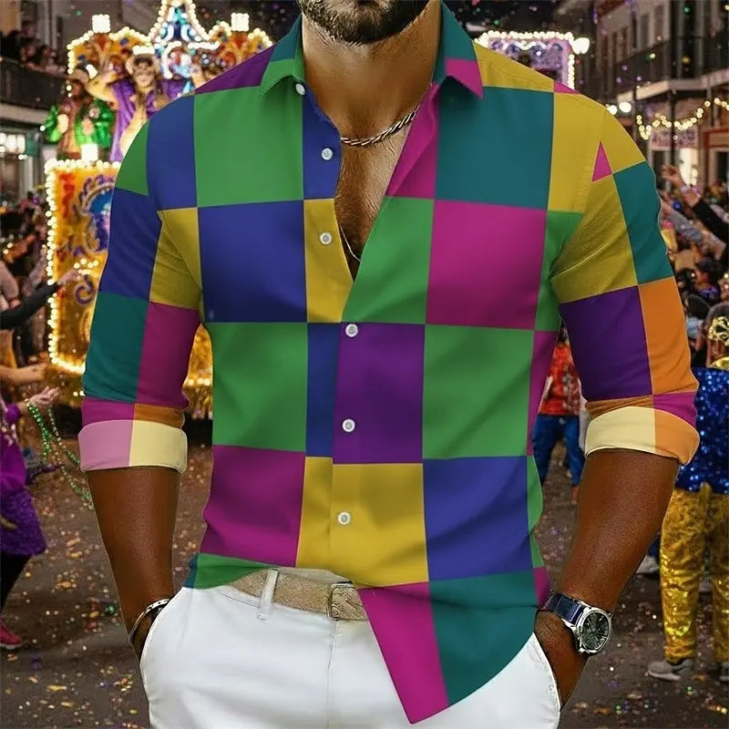 Carnival Men's Plaid Satin Shirt Button Down Shirt Casual Shirt Long Sleeve Hawaiian Casual Outdoor Vacation Party Spring Fall