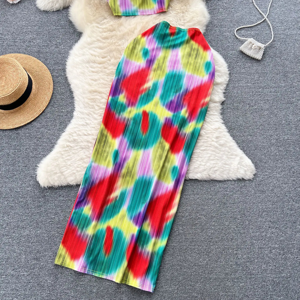 Retro Style Printed 2 Pieces Set for Women Fashion Summer Sleeveless Cropped Camis Top + Elastic Waist Bodycon Long Skirt Suits