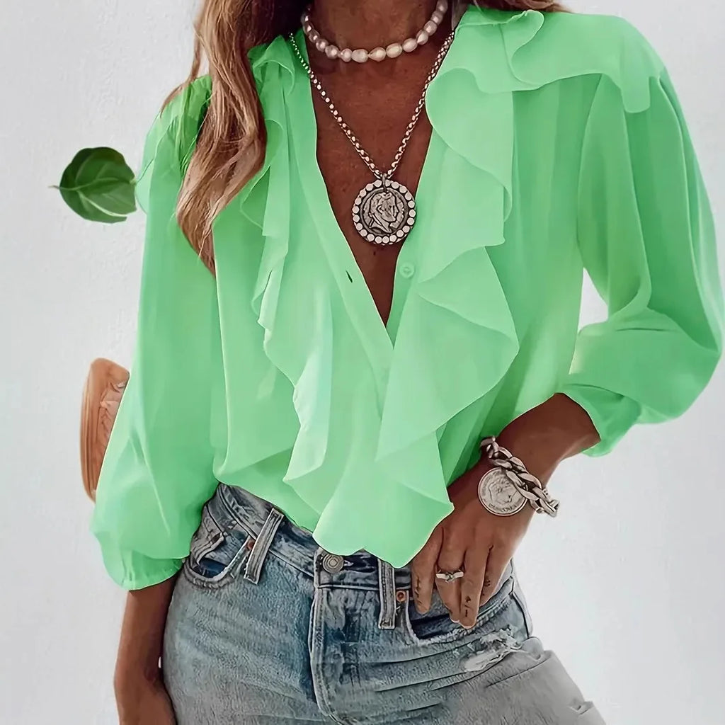 Women's Shirt V-neck Long-sleeved Ruffle Top Spring Summer Fashion Elegant Solid Office Holiday Casual Shirts Womens Clothing