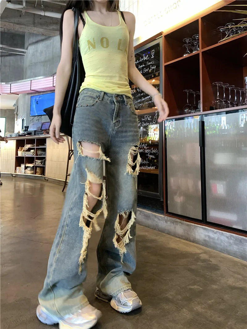 Retro Ripped Jeans for Women Summer High Waisted Loose Straight Leg Pants 2026 New Casual High Street Wide Leg Denim Trousers