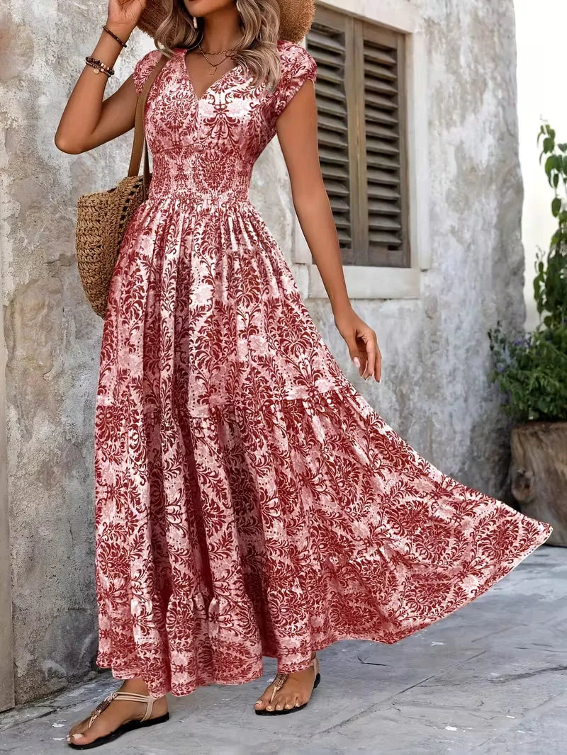 Women's Summer Retro Fashion Floral Printed Sexy V-neck Short Sleeve High Waist Medium Length Bohemian Loose Holidays Dresses