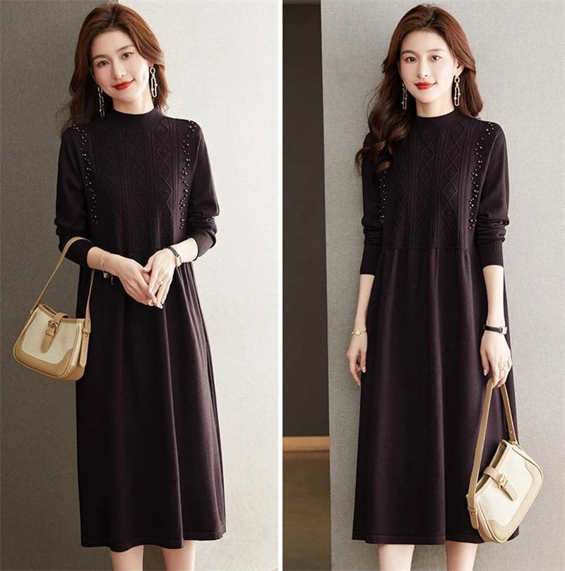 New Knitting Vestidos Women's 2024 Spring Autumn Mid Length Version Ladies Sweater Dress Temperament Lady Bottoming Skirt