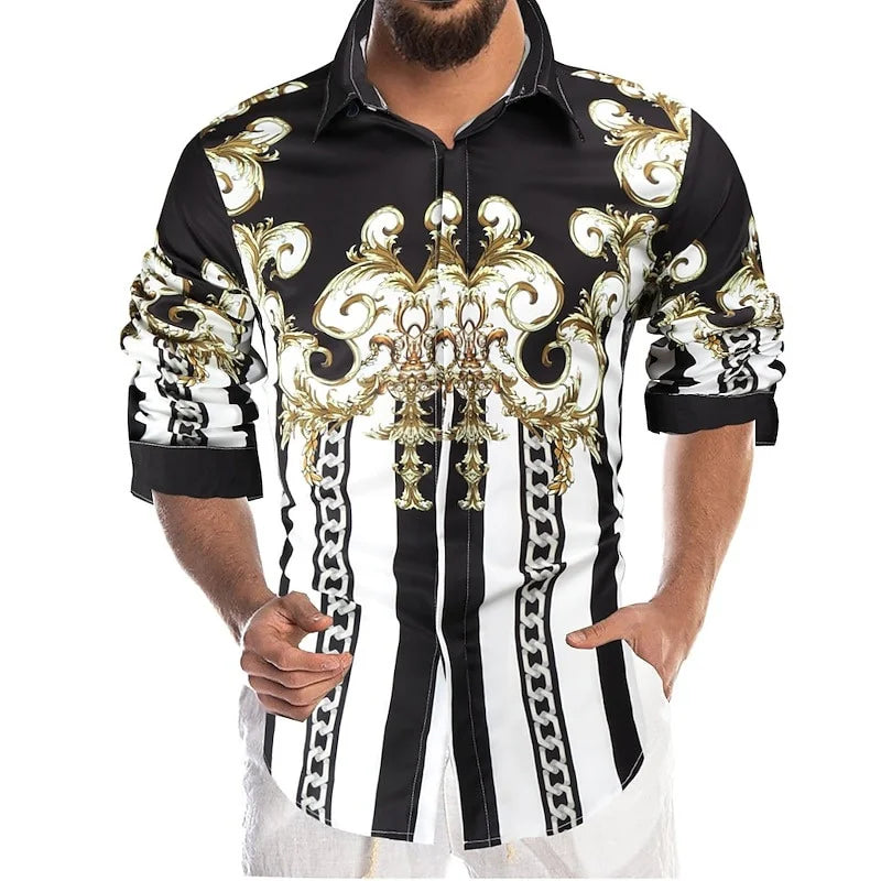 New men's 3D reindeer print shirt men's long sleeved shirt casual button loose top ethnic retro collar shirt
