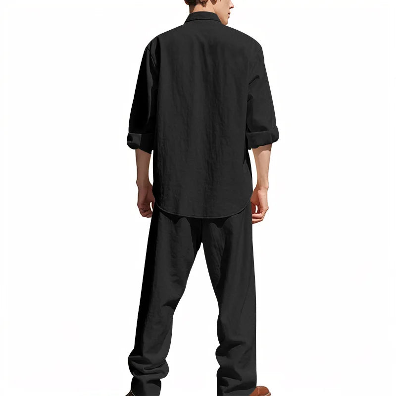 Tracksuit 2025 Seasons Linen Men's Casual Loose Breathable Long sleeved Pants Shirt Beach Set in Stock Male  Clothing Big Size