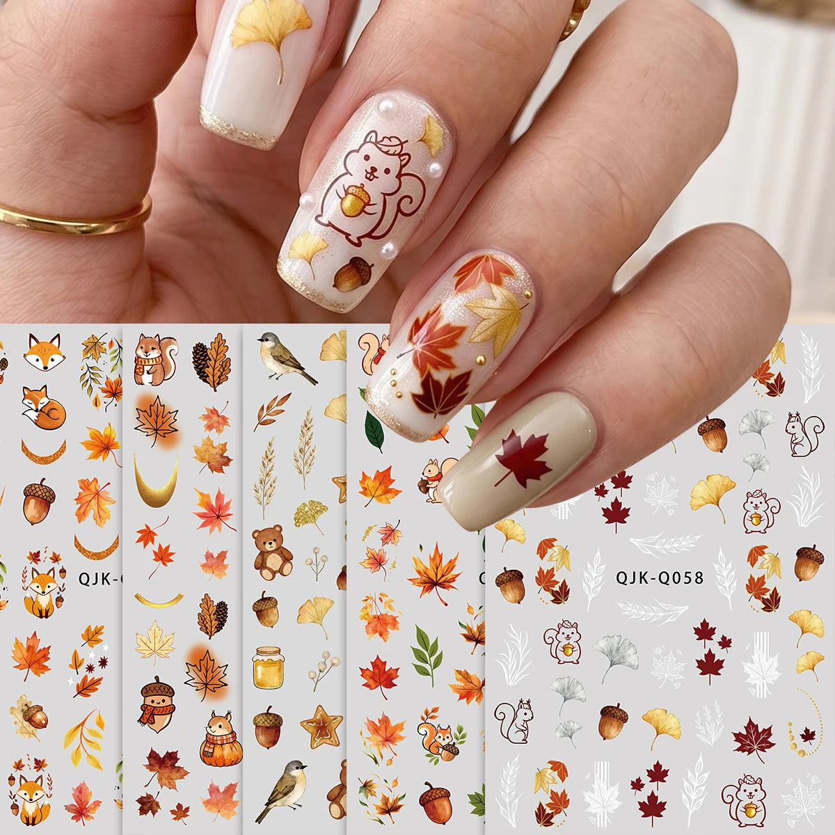 5pcs Autumn Maple Animals 3D Nail Art Stickers Squirral Ginkgo Fall Leaves Fox Bears Honey Pattern Nail Decal DIY Manicure Decor