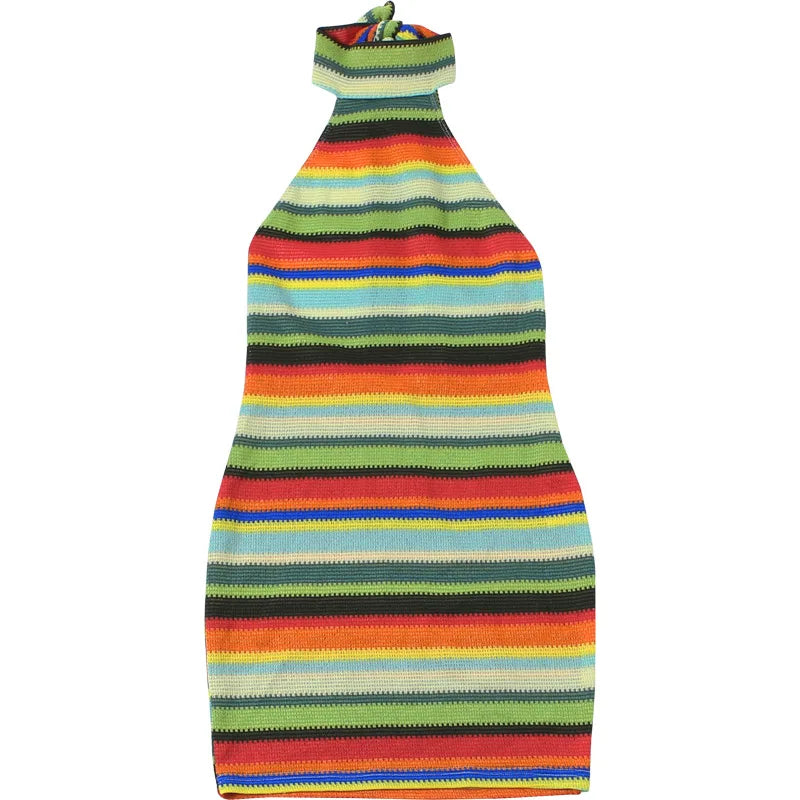 Cryptographic Striped Knit Halter Mini Dress Colorful Contrast Sleeveless Backless Summer Casual Clubwear Bodycon Short Dresses