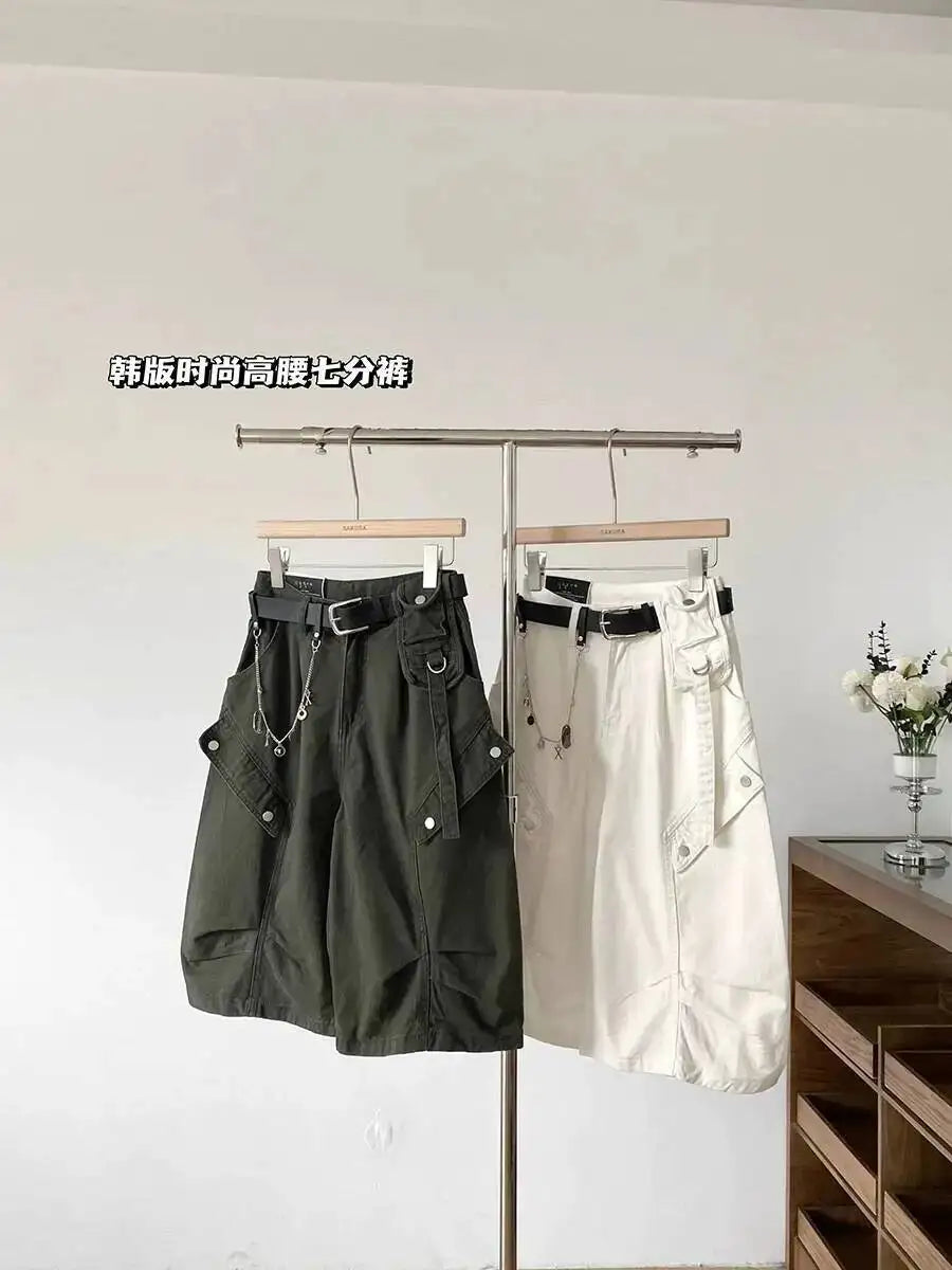 Women Denim Shorts 2026 New Summer Women's High Waist Slim Denim Cargo Pants Wide Leg Capri Pants Versatile Trousers