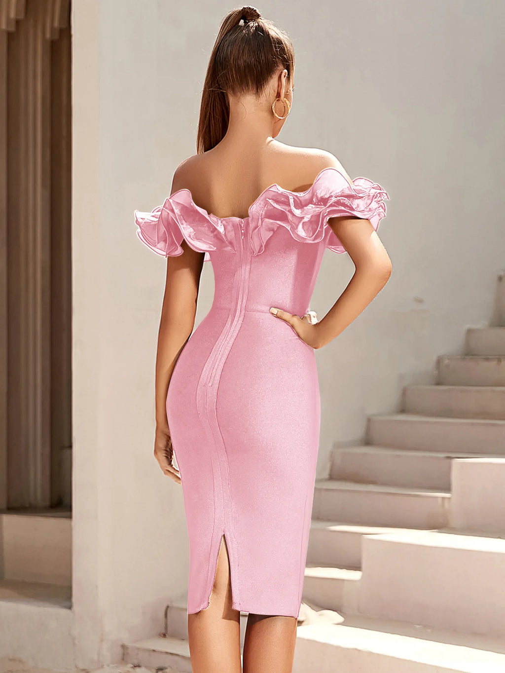 Women's Off Shoulder Bandage Midi Dress Luxury Design Ruffled  Elegant Black Sleeveless Ruffled Sexy Club Party Evening Dresses