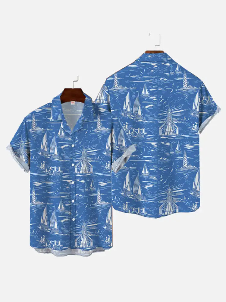 Men's Vintage Mermaid Print Shirts Boat Anchor Print Button Shirts Summer Ocean Element Shirts Men's Hawaiian Leisure Shirts