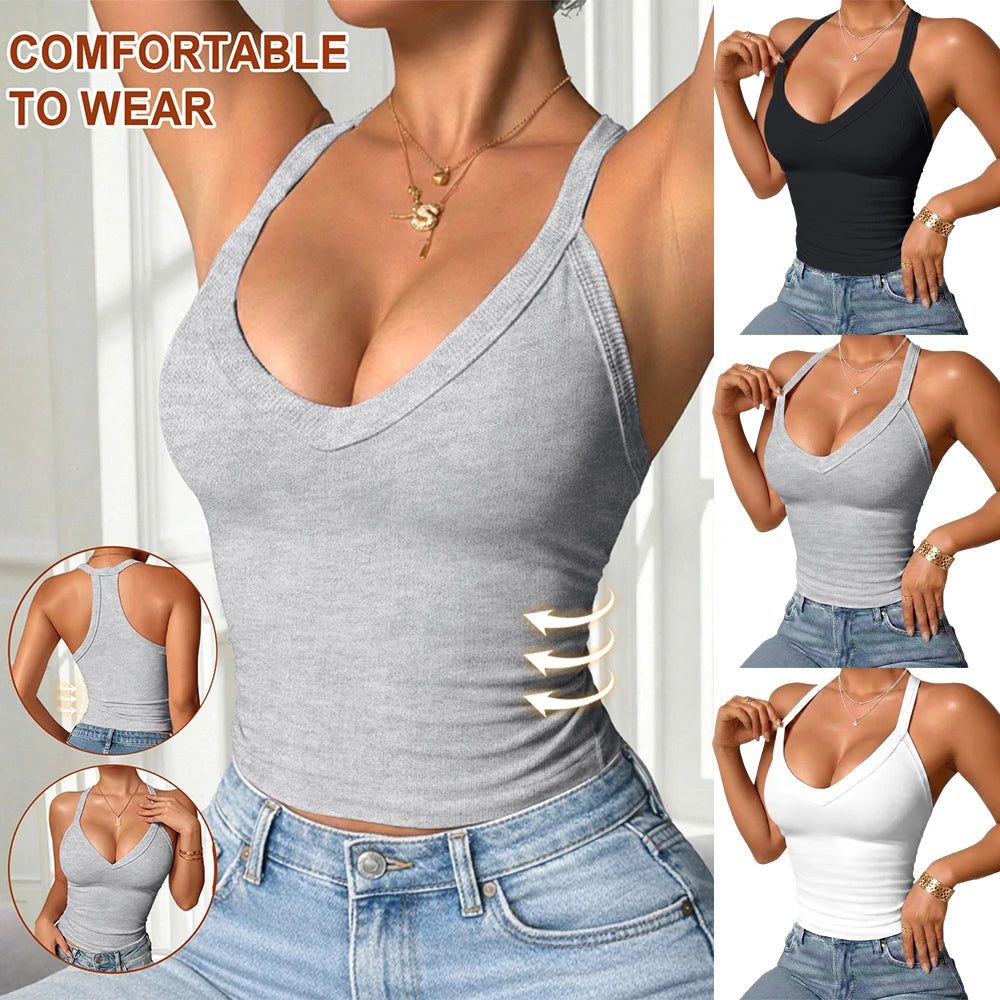 Summer Fashion Solid Color Basic Vest Women's Spaghetti Strap V-Neck Ribbed Tank Tops Sexy V-neck Design Built In Bra Camisole