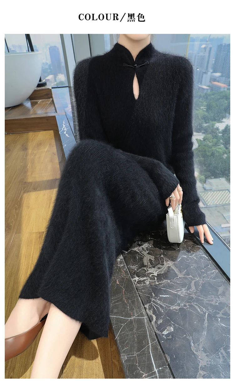 Women' 100%Pure Mink Cashmere Dress Stand-Up Collar Buckle Slim Knit Long Skirt Fashion High Waist Over The Knee Bottoming Dress