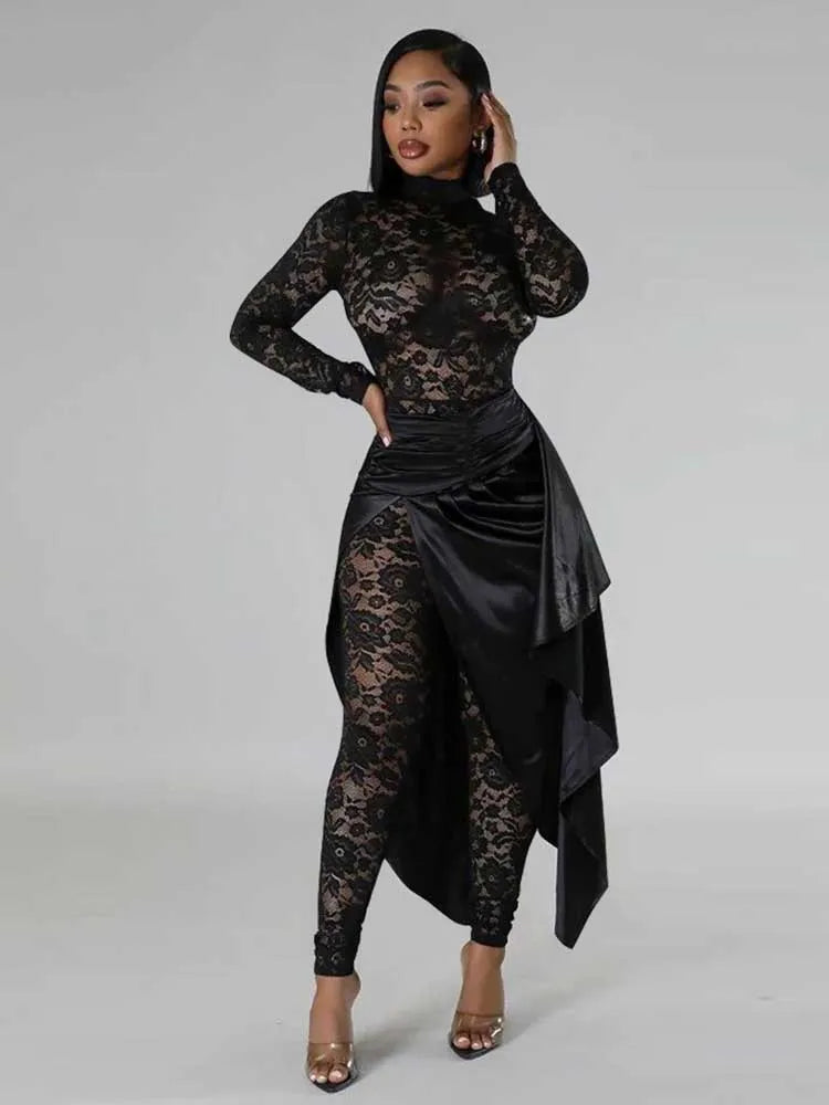 Spring Elegant Woman Jumpsuit Sexy Transparent Lace Full-length Jumpsuit Long Sleeve Jumpsuit with Dress Wholesale Dropshipping