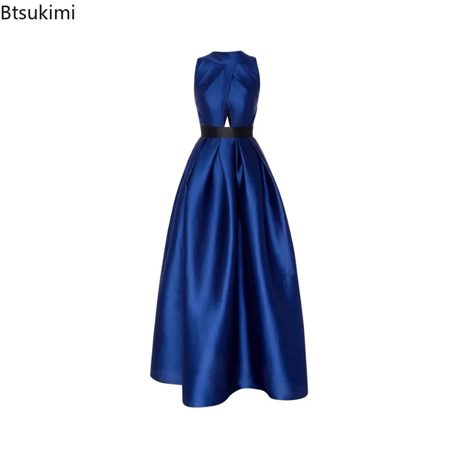 2026 Elegant Halter Satin Party Dresses for Women Spring Sexy Draped Solid Slim Long Dress Woman Hollow Out Pocket Evening Dress